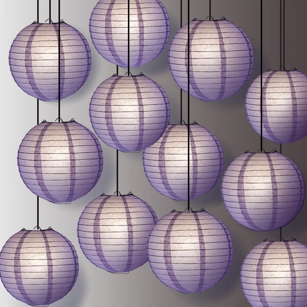 12 PACK | Lavender Even Ribbing Round Paper Lantern, Hanging Combo Set