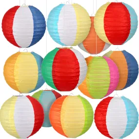 12 Pcs Beach Ball Hanging Paper Lanterns Summer Pool Party Hanging Paper Lanterns Colorful Beach Ball Paper Lanterns for Summer Pool Party Decoration Supplies