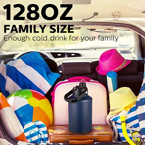 128 oz Large Insulated Water Jug One Gallon Vacuum Water Bottle Double Walled Stainless Steel Insulated Water Bottle Travel Drinking Water Flask with Silicone Straw for Hiking Camp Sport (Blue)