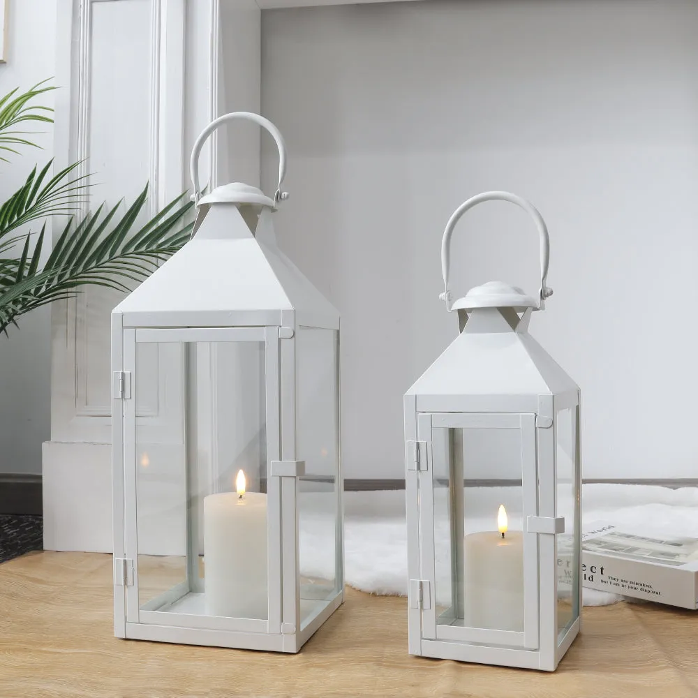 17.5"&13.5"Set of 2 Metal Candle Lanterns(White）