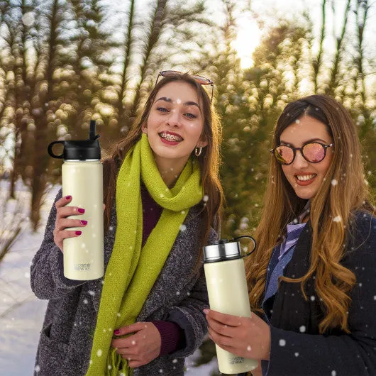 22 Oz Double-walled Insulated Stainless Steel Water Bottle with 2 Lids and Straw-Beige