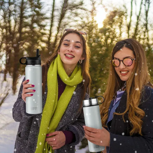 22 Oz Double-walled Insulated Stainless Steel Water Bottle with 2 Lids and Straw-Gray