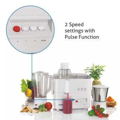 3-in-1 Juicer Mixer Grinder 500W with 1 Transparent Liquidiser, 1 Stainless Steel Grinder Jars - White (4010)