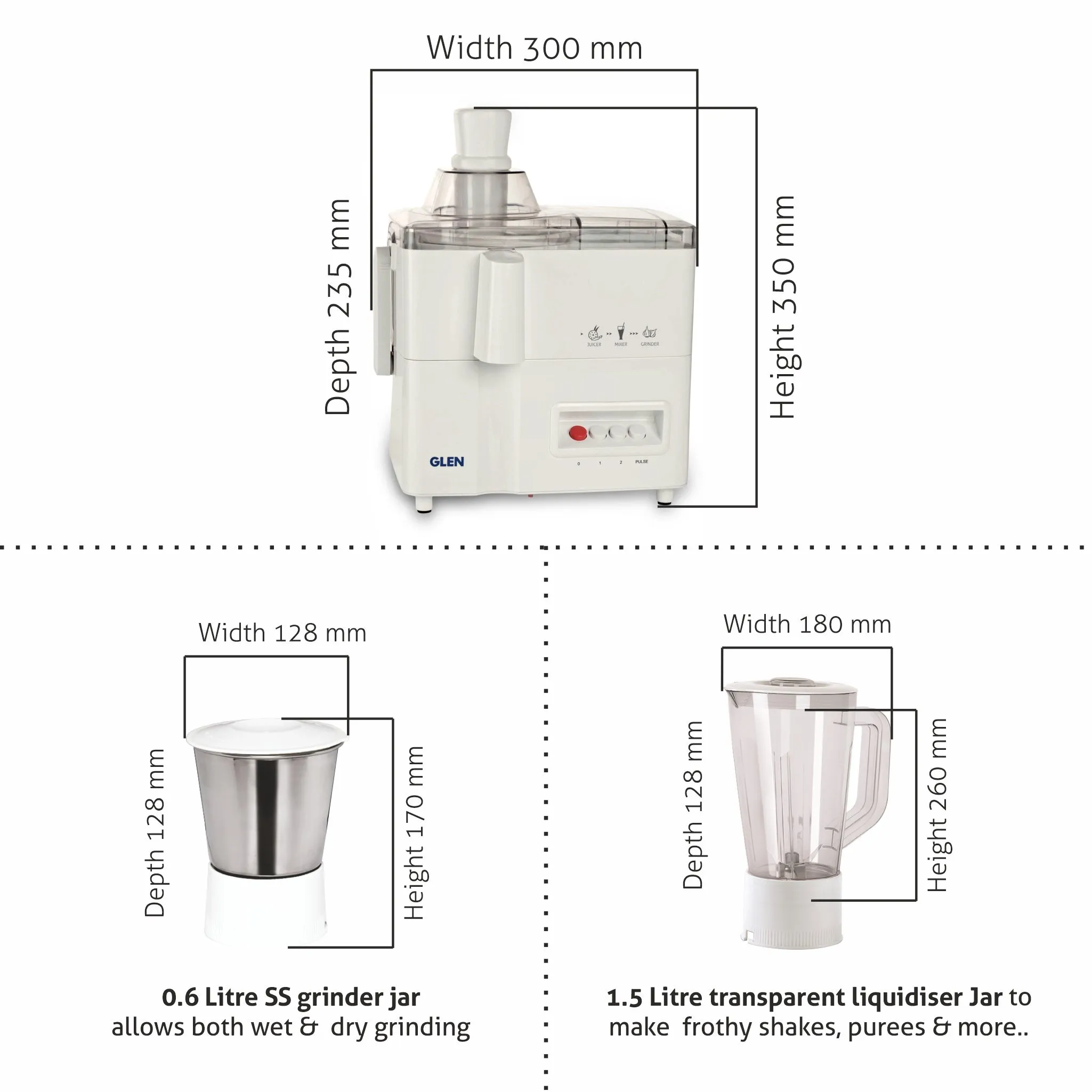 3-in-1 Juicer Mixer Grinder 500W with 1 Transparent Liquidiser, 1 Stainless Steel Grinder Jars - White (4010)