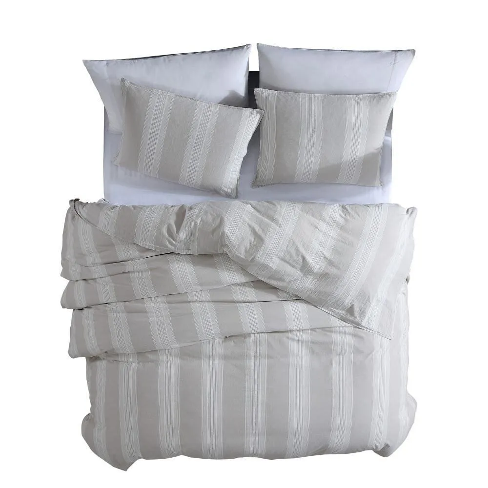 3 Piece King Comforter Set with Vertical Stripes Pattern, White and Brown By Casagear Home