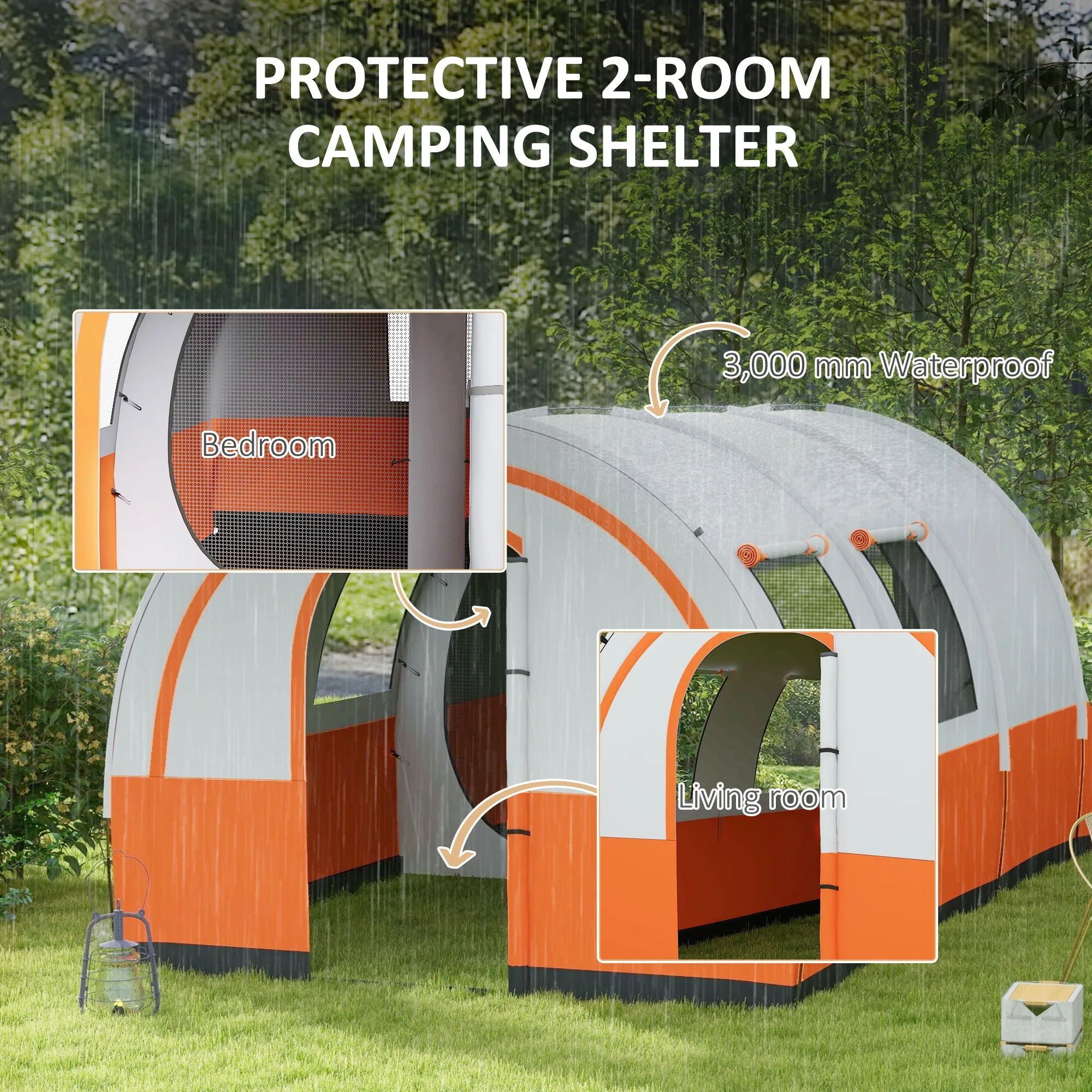 3000mm Waterproof Camping Tent, 5-6 Man Family Tent with Living and Bedroom, Carry Bag Included, Cream and Orange