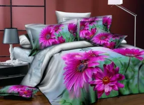 3D Purple Dahlia Green Leaves Printed Cotton Luxury 4-Piece Bedding Sets/Duvet Cover