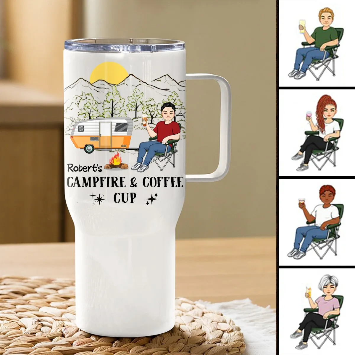 40oz Camping Lovers - Campfire And Coffee Cup - Personalized Tumbler With Handle