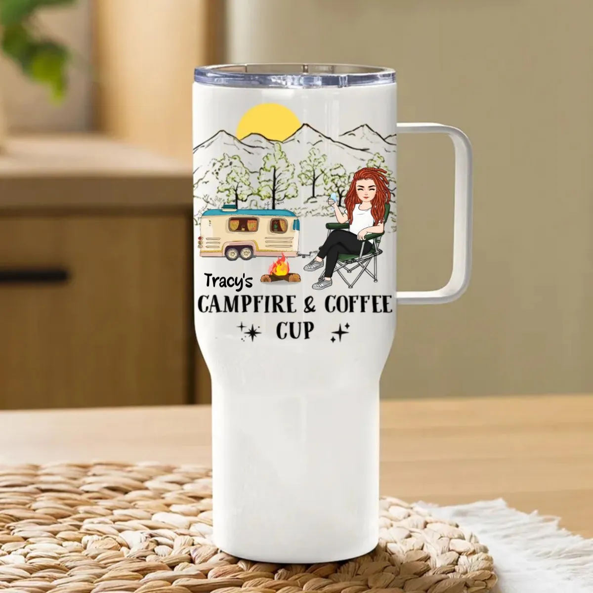 40oz Camping Lovers - Campfire And Coffee Cup - Personalized Tumbler With Handle