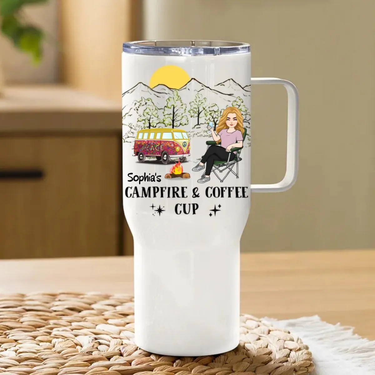 40oz Camping Lovers - Campfire And Coffee Cup - Personalized Tumbler With Handle