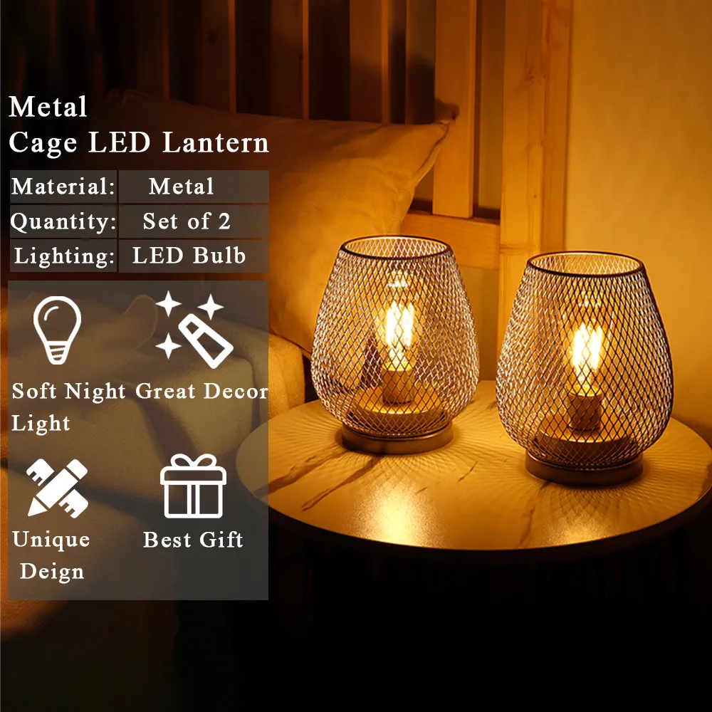 6.7"H Set of 2 Metal Cage LED Lantern （Silver）