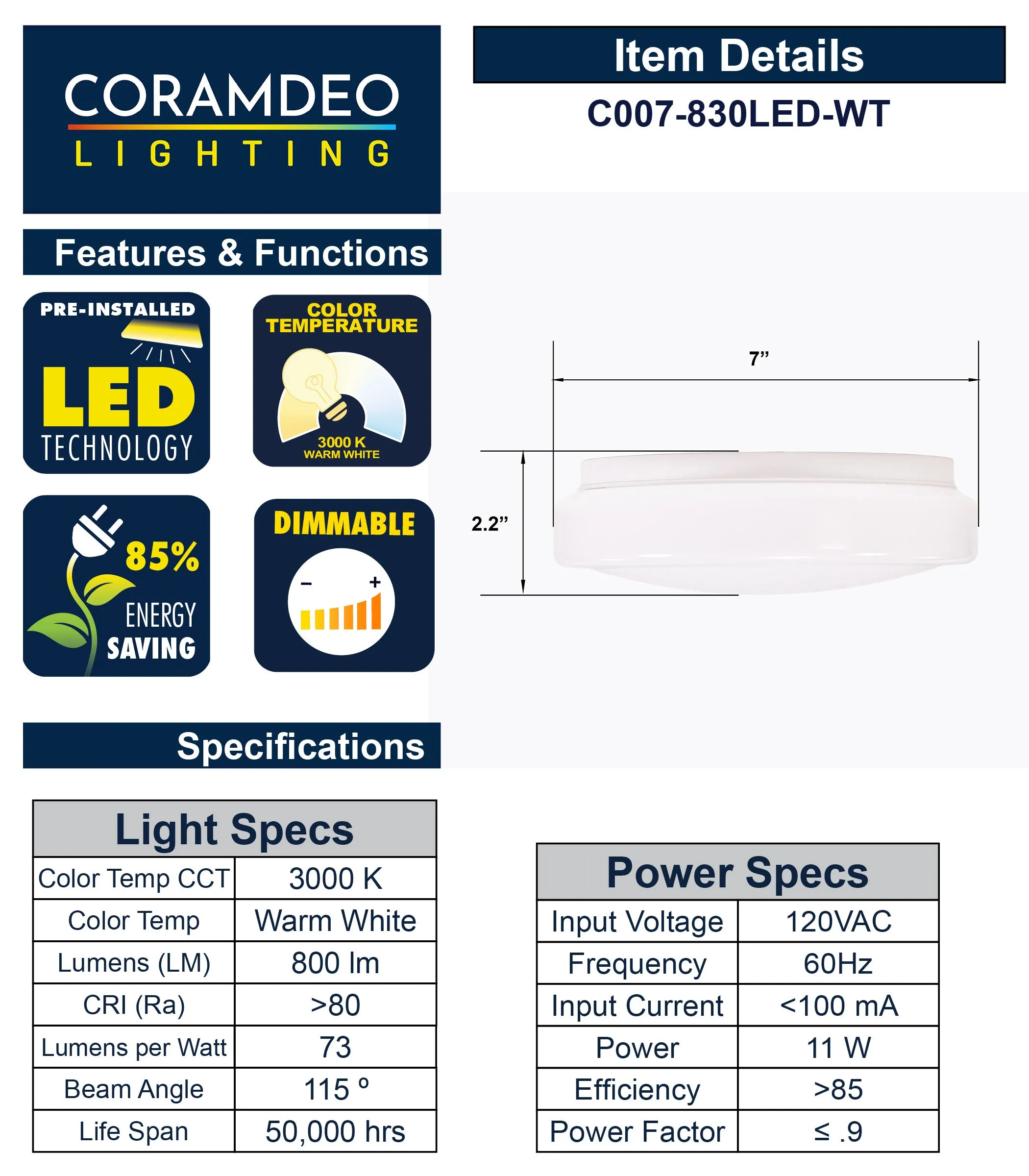 7 Inch Integrated LED Ceiling Flush Mount, 800 Lumens, 3K, White Finish 2 PACK