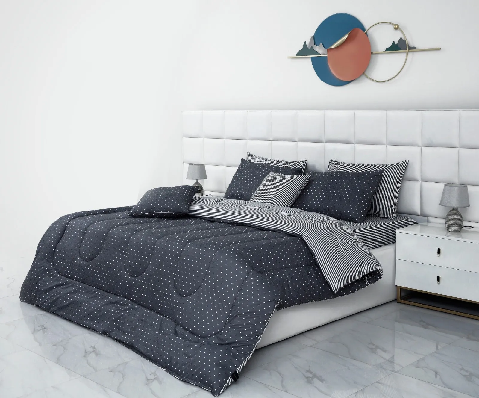 8 PCs Winter Comforter Set-Grey Polka