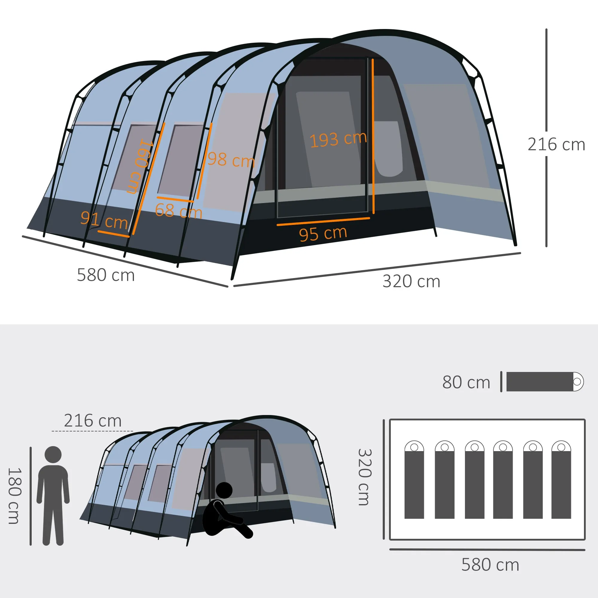 8-Person Camping Tent, Waterproof Family Tent, Tunnel Design, 4 Large Windows, Sleeping Cabins 3000mm Water Column Grey