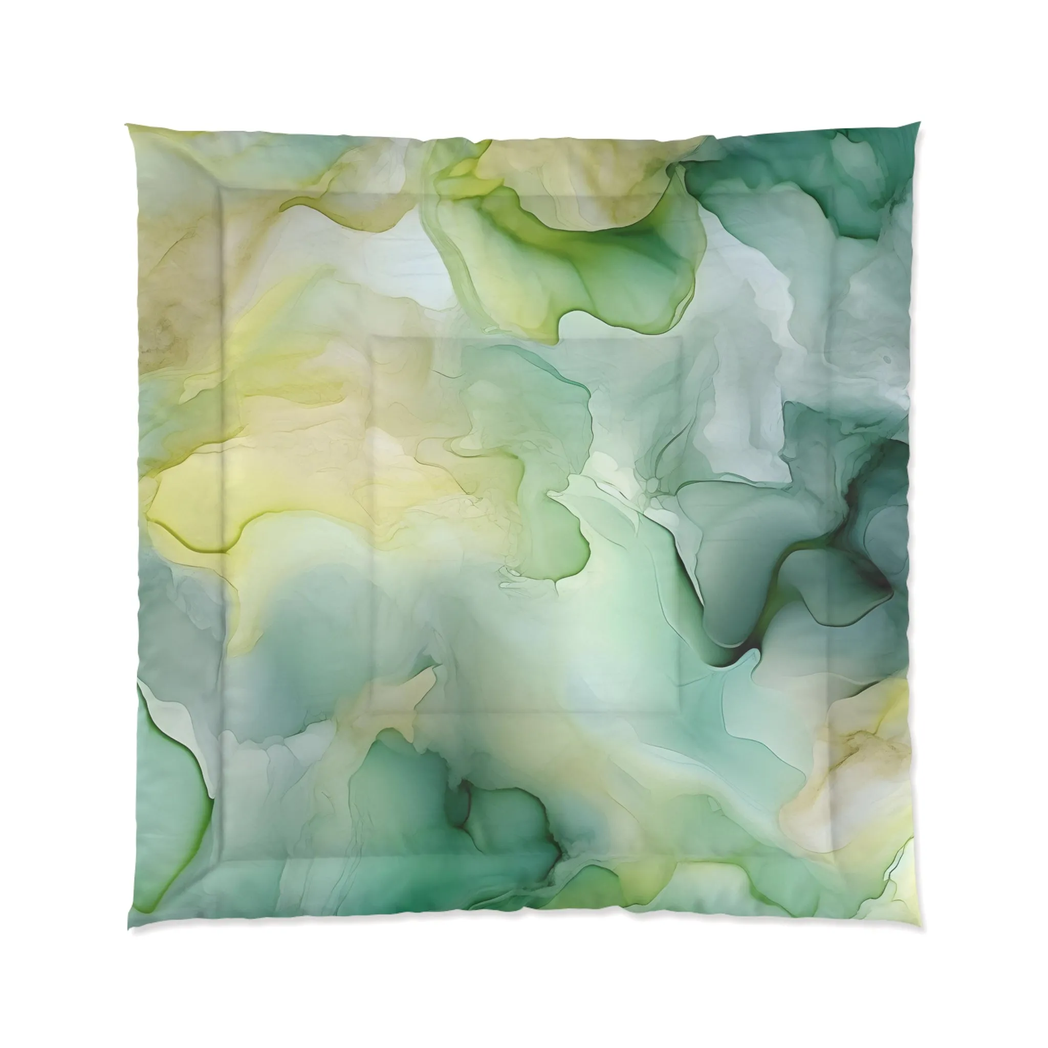 Abstract Bedding Comforter | Teal, Sage Green, Yellow Ombre Watercolor