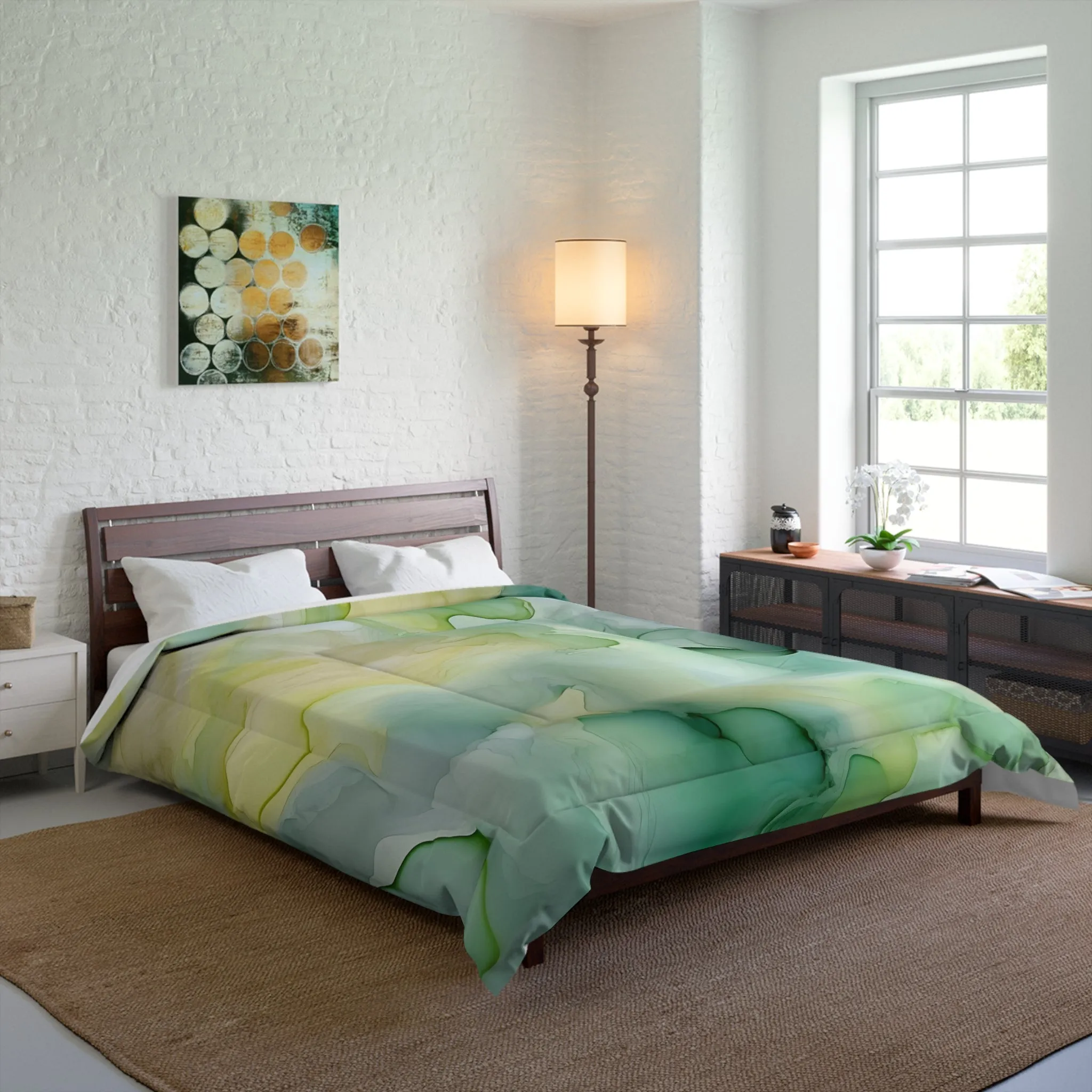 Abstract Bedding Comforter | Teal, Sage Green, Yellow Ombre Watercolor