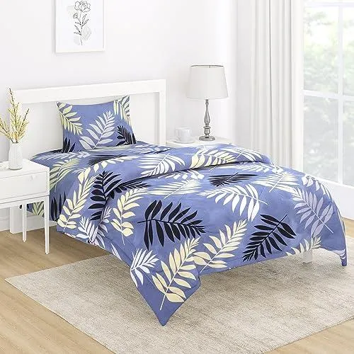 AC Comforter and Bedding Set for Single Bed, Frost Blue Pinnate Leaves