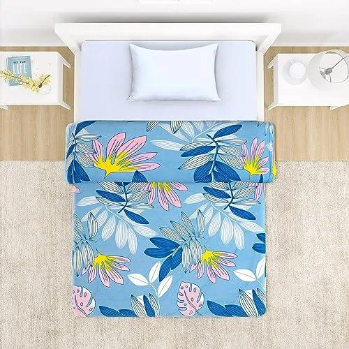 AC Comforter and Bedding Set for Single Bed, Sky Blue Tropical leaves