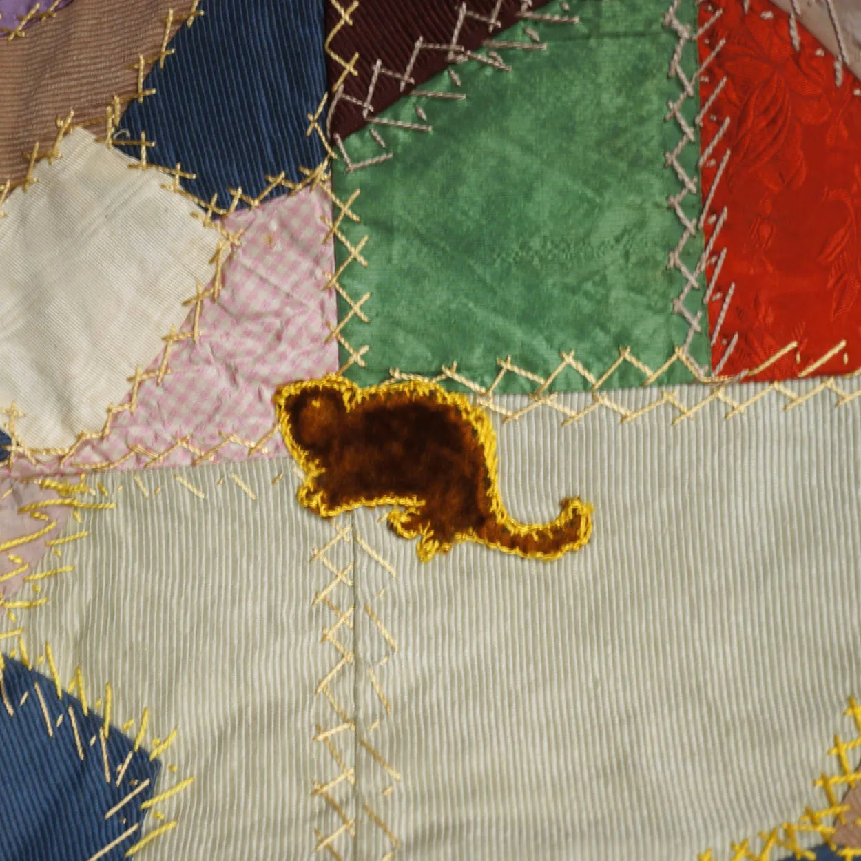 Antique Victorian Crazy Quilt Velvets Woven Silks Cats Mice Dwarves 55 x 72 1890