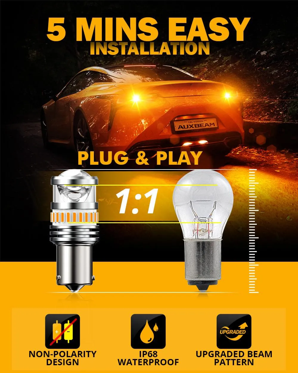 BAU15S 7507 LED Turn Signal Light Rear/Front, Side Maker Light Bulbs 11W 4000ML 3500K Amber B1 Series | 2 Bulbs