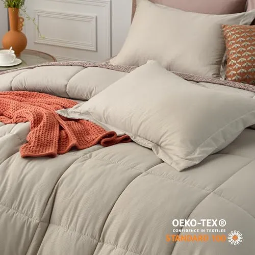 Bedsure Twin/Twin Extra Long Comforter Set - Beige Basket Weave Down Alternative Comforter Set Twin/Twin XL Size, Lightweight All Season Bedding Set with 1 Pillow Sham