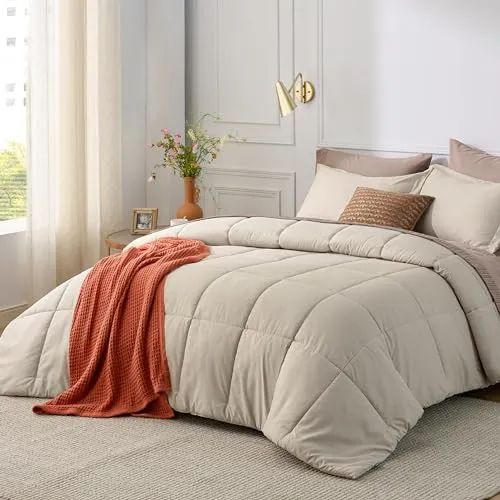 Bedsure Twin/Twin Extra Long Comforter Set - Beige Basket Weave Down Alternative Comforter Set Twin/Twin XL Size, Lightweight All Season Bedding Set with 1 Pillow Sham