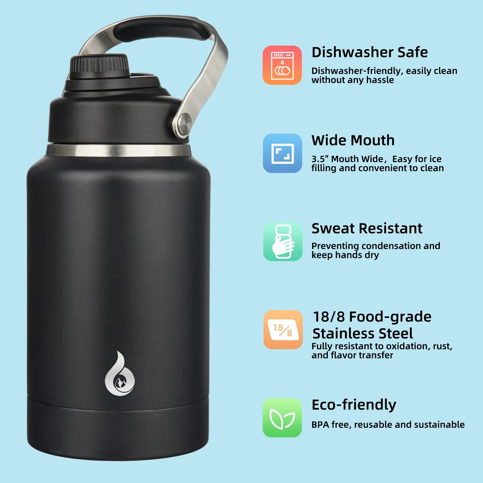 BJPKPK Half Gallon Water Bottle Insulated, Dishwasher Safe 64oz Metal Water Bottle with Removable Bowl, BPA Free Leakproof Large Water Jug, Stainless Steel Reusable Thermos for Sports, Black