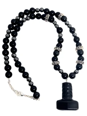 Black Obsidian Crystal Mjölnir Necklace with Hematite