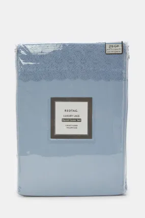 Blue 3 Piece Lace Trim Duvet Cover Set (Double Size)