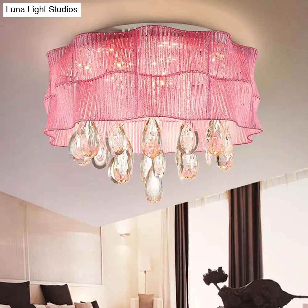 Blue/Pink Flower Flush Ceiling Lamp - LED Contemporary Fabric with Crystal Accents - Bedroom Lighting