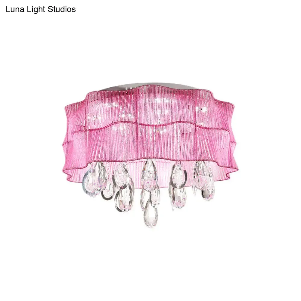 Blue/Pink Flower Flush Ceiling Lamp - LED Contemporary Fabric with Crystal Accents - Bedroom Lighting