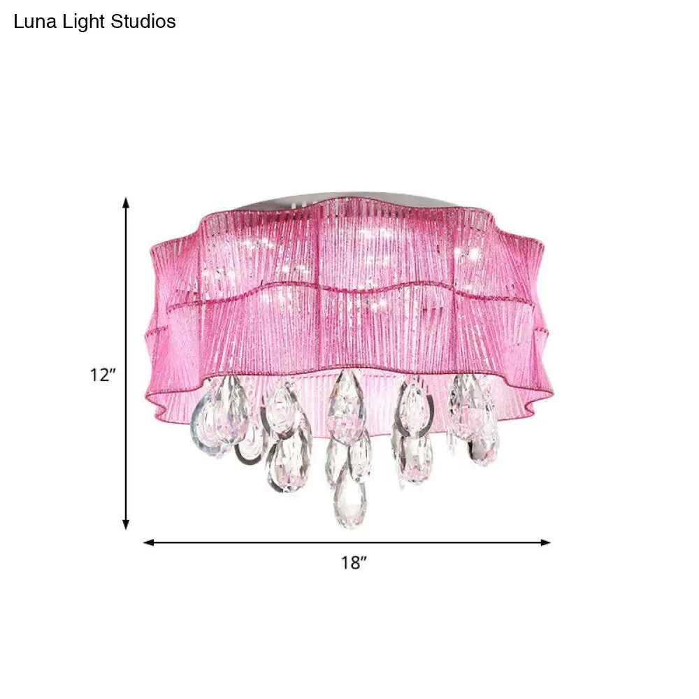 Blue/Pink Flower Flush Ceiling Lamp - LED Contemporary Fabric with Crystal Accents - Bedroom Lighting