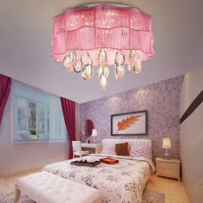 Blue/Pink Flower Flush Ceiling Lamp - LED Contemporary Fabric with Crystal Accents - Bedroom Lighting