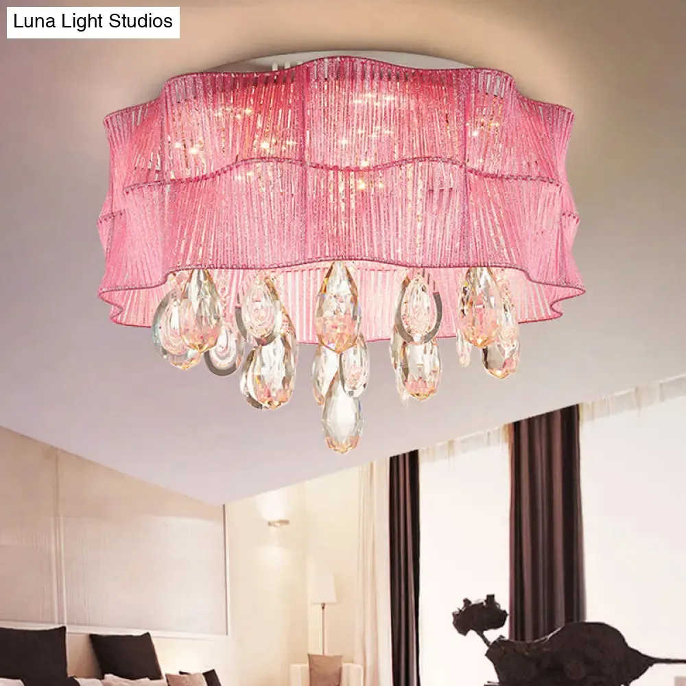 Blue/Pink Flower Flush Ceiling Lamp - LED Contemporary Fabric with Crystal Accents - Bedroom Lighting