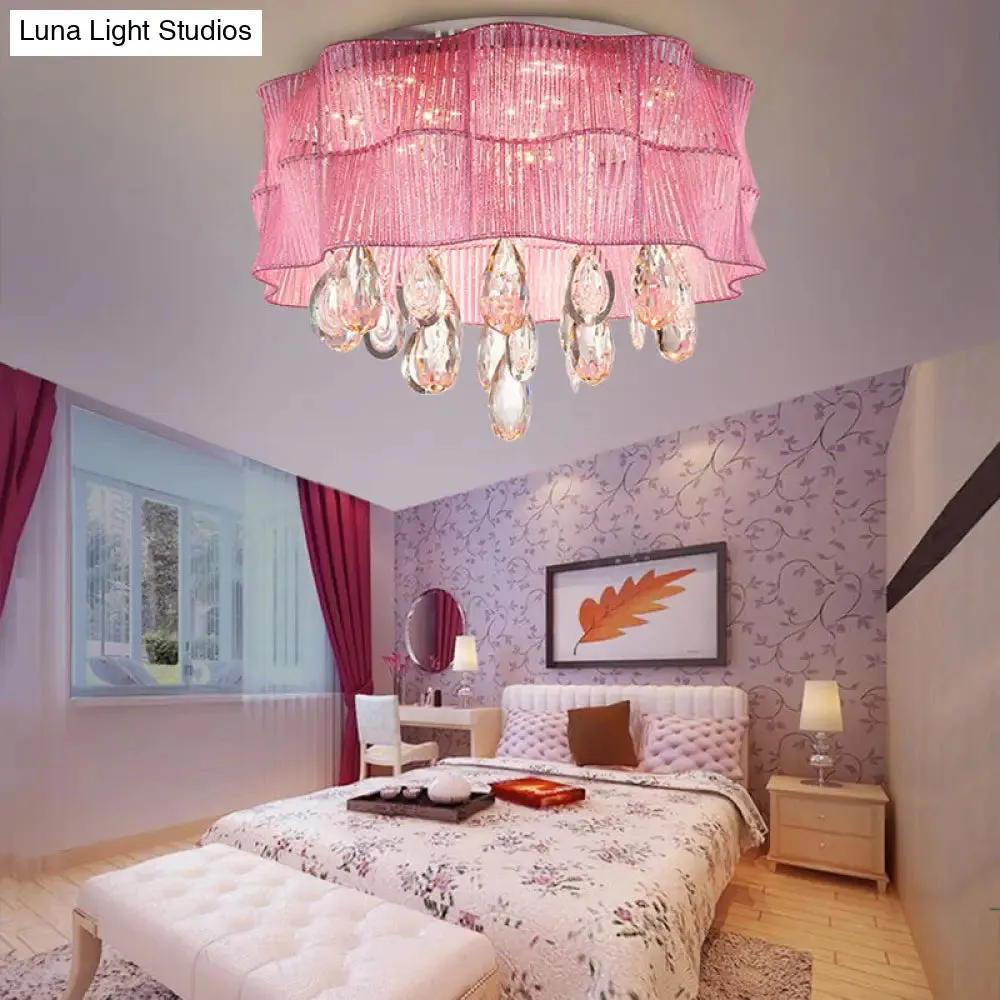 Blue/Pink Flower Flush Ceiling Lamp - LED Contemporary Fabric with Crystal Accents - Bedroom Lighting