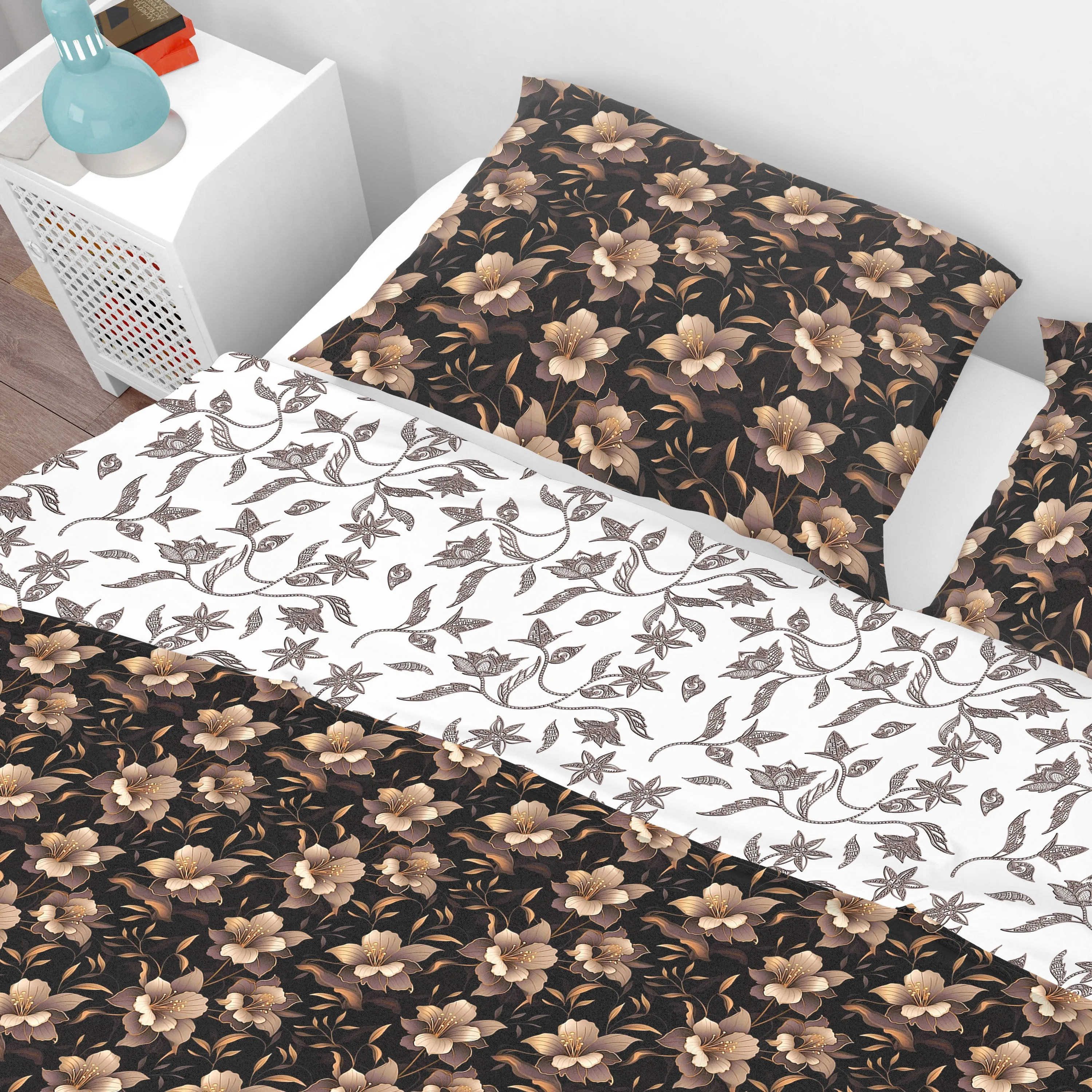 Bohemian Black Bronze Floral Cotton Reversible Quilt Cover Set