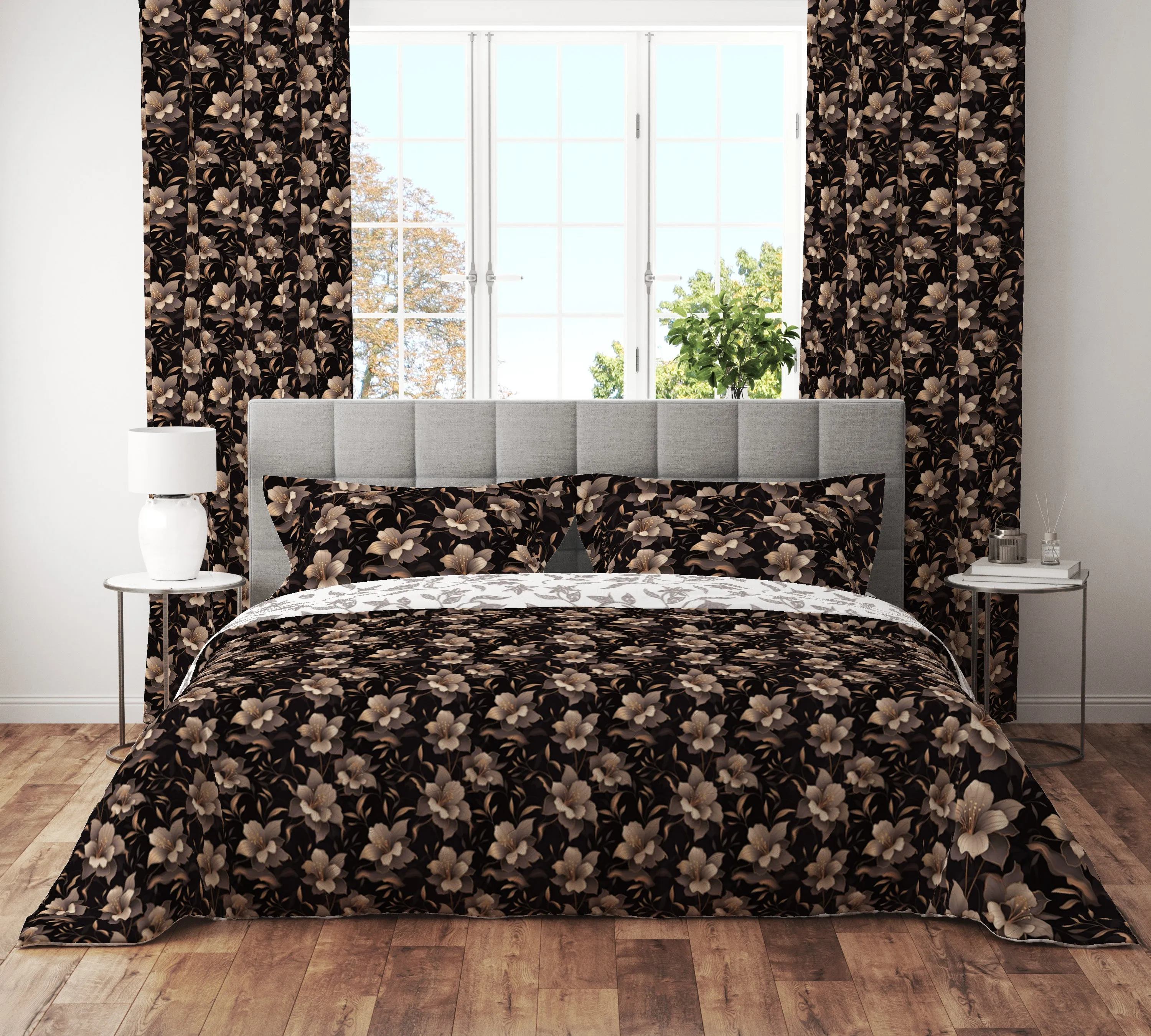 Bohemian Black Bronze Floral Cotton Reversible Quilt Cover Set