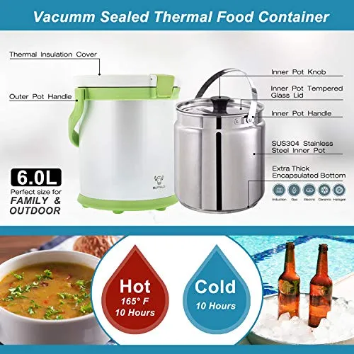 Buffalo | TC60 | Green | Vacuum Sealed Thermal Food Container | Vacuum Crock | 6.0L | Camping | Traveling