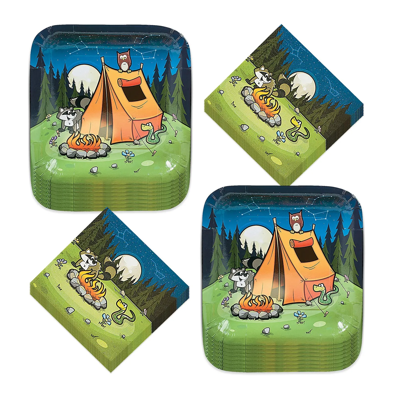 Camping Party Night Adventure Paper Dinner Plates and Lunch Napkins (Serves 16)