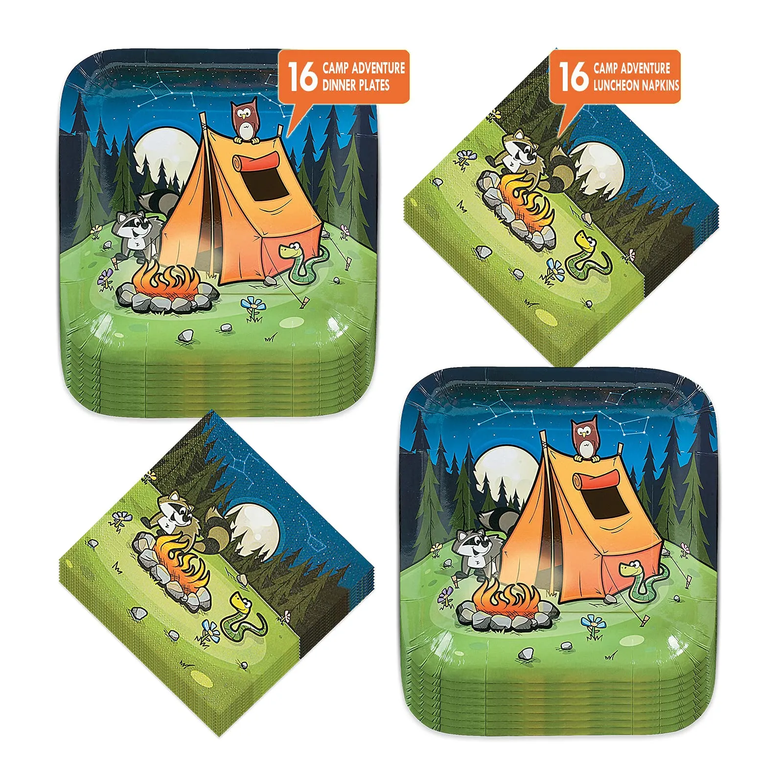 Camping Party Night Adventure Paper Dinner Plates and Lunch Napkins (Serves 16)