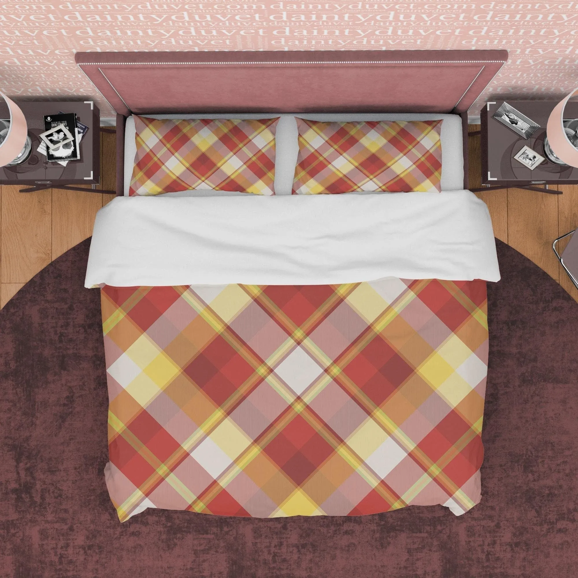 Checkered Duvet Cover Red Yellow Plaid Bedspread, Rustic Bedroom Set Modern Farmhouse Bedding , Tartan Quilt Cover, Nude Color Blanket Cover