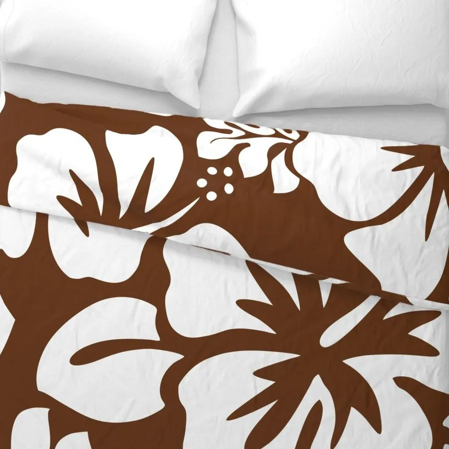 Chocolate Brown and White Hibiscus and Hawaiian Flowers Duvet Cover -Large Scale