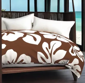 Chocolate Brown and White Hibiscus and Hawaiian Flowers Duvet Cover -Large Scale