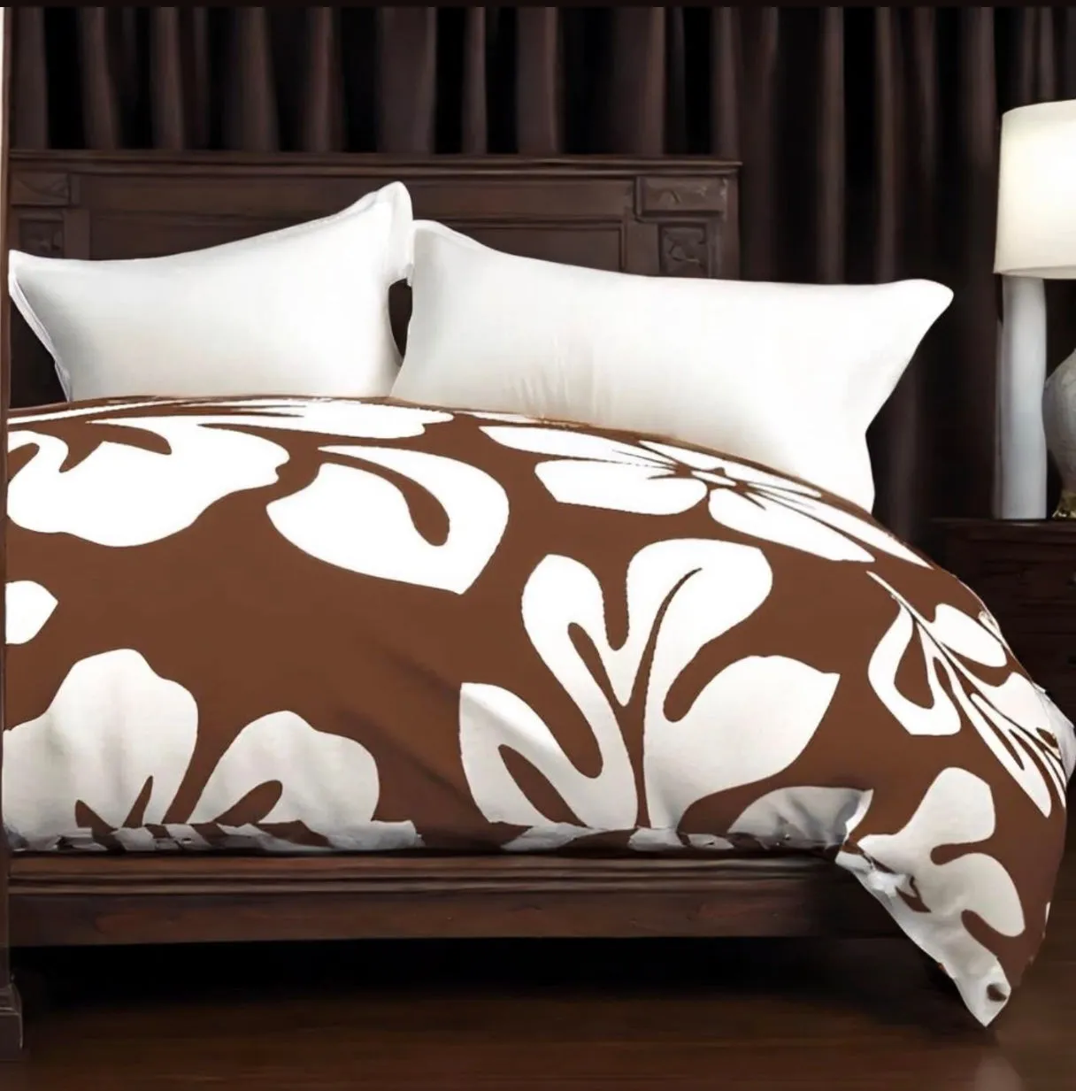 Chocolate Brown and White Hibiscus and Hawaiian Flowers Duvet Cover -Large Scale