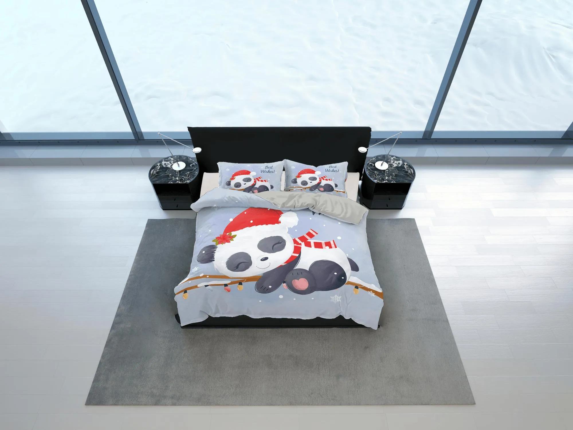 Christmas Panda Duvet Cover Set Cute Bedspread, Kids Bedding with Pillowcase