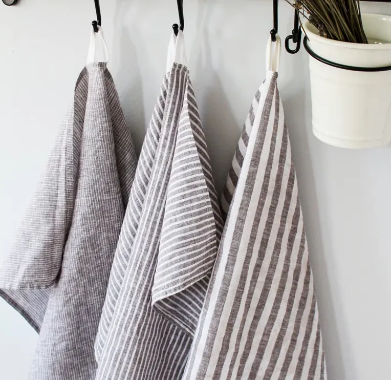 Cocoa narrow stripe linen tea towel