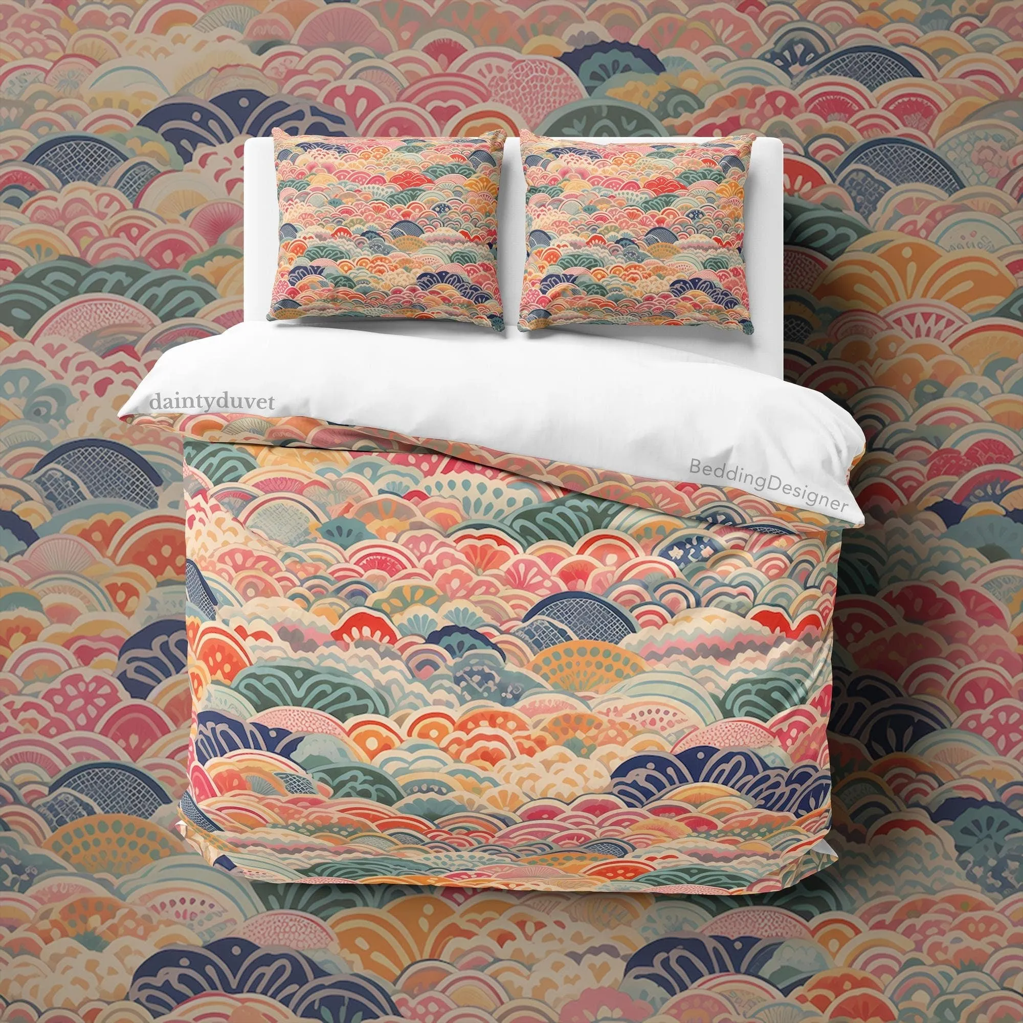 Colorful Oriental Pattern Duvet Cover Fish Scale Quilt Cover, Japanese Pattern Bedding Set Zen Vibe Bedspread, Retro Blanket Cover