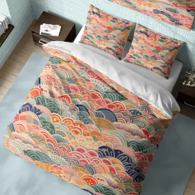 Colorful Oriental Pattern Duvet Cover Fish Scale Quilt Cover, Japanese Pattern Bedding Set Zen Vibe Bedspread, Retro Blanket Cover