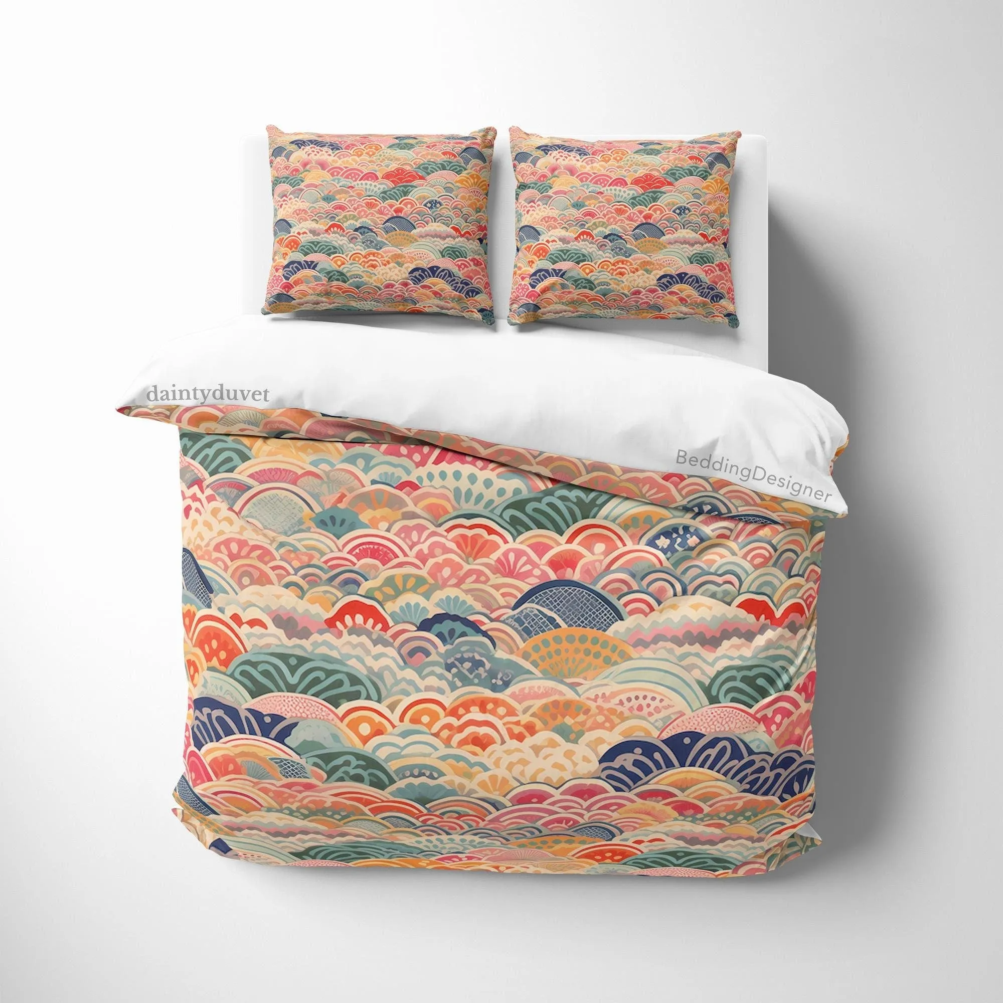 Colorful Oriental Pattern Duvet Cover Fish Scale Quilt Cover, Japanese Pattern Bedding Set Zen Vibe Bedspread, Retro Blanket Cover