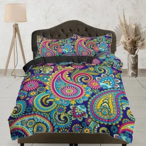 Colorful paisley pink blue duvet cover set, aesthetic room decor bedding set full, king, queen size, abstract boho bedspread, luxury bedding